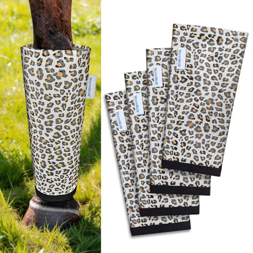 WARMWOW Leopard-Pattern Fly Boots for Horses Set of 4, Loose Fitting Mesh Horse Fly Boots Leggings, Reduce-Stomping Adjustable Equine Leg Wraps & Socks, Stay Up Not Sag, No Rub