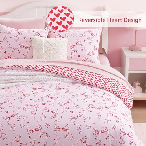Image of Full Size Comforter Set for Girls Red Bow Heart 7 Pieces Bed in a Bag