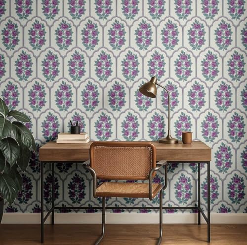 Papel tapiz extraíble morado con vinilo autoadhesivo de pared floral 4
