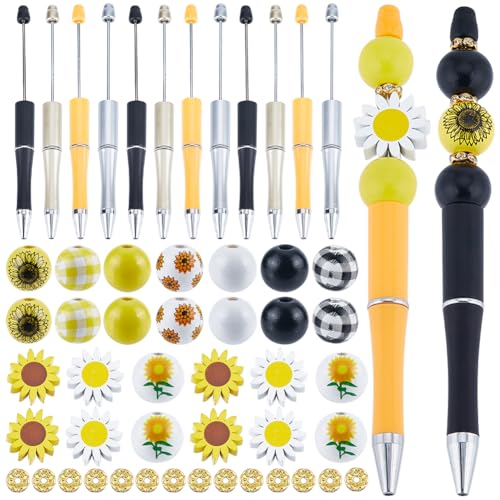 SUNNYCLUE DIY 12 Set Beadable Pens with Sunflower Focal Beads, Flower Printed Wood Beads