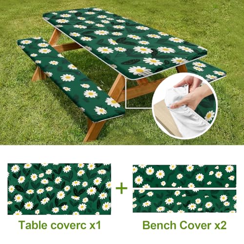 Fresh Floral Picnic Table Cover with Bench Covers Set of 3 - Green Background with White Ditsy Flowers, Elastic Fitted Tablecloth for 6 Ft Tables, Washable Polyester Cover for Garden, Indoor & Outdoor by THISFIND - Image 4