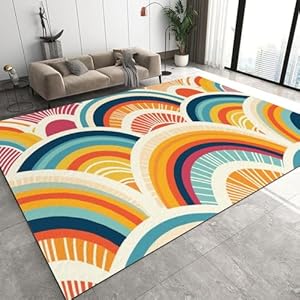 Area Rug for Living Room, Rainbow Sun Modern Boho Large Area Rugs, Faux Wool Low Pile Lightweight Soft Indoor Floor Carpet with Non-Slip Backing for Bedroom Kids Nursery Play Room 5x6ft