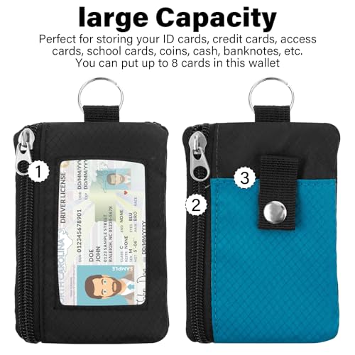 Image of Minimalist RFID Wallet with Lanyard, Multi-Functional ID Case with 2 Zipper Pockets and Key Chain for Men and Women, Tactical Badge Pouch Cards Holder, Coin Purse for Travel Sports - Black&Blue