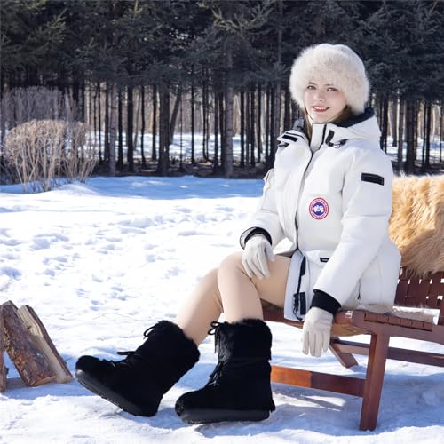 Black White Fur Boots, Furry Fuzzy Snow Boots for Women with Faux Fur Lined Non-Slip Lace-up Mid-Calf Ski Boots 20252
