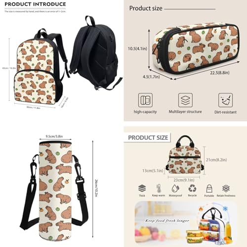4Piece Personalized Cartoon Capybara Backpack Kids Schoolbag Sets with Lunch Box,Pencil Case Water Holder Sleeve Crossbody Bag for Boy Girl 9-10,17Inch Large Capacity Bookbag Casual Daypack4