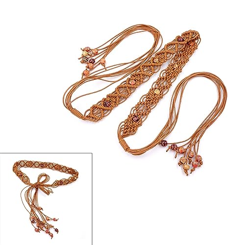 Waist Belt, Beads Decors Bohemian Waist Belt Women Elastic Belt Ethnic Braided Belt Thin Waistband Brown Waist Rope2