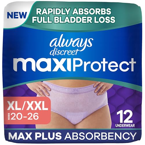 Always Discreet MaxiProtect Adult Diapers for Women Incontinence Underwear Scented Postpartum Essentials Bladder Leak Protection Disposable Briefs Maximum Plus Absorbency Size XL/XXL 12 Count