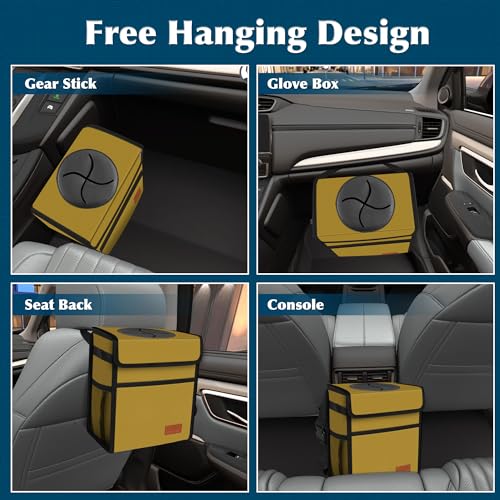 Image of Femuar Car Trash Can with Lid - Leak Proof, Waterproof Garbage Can for SUV Front Seat, Multipurpose Car Hanging for Headrest, Collapsible and Portable with Storage Mesh Pocket, Khaki