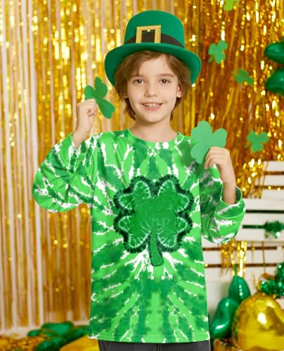 Image of Unisex Kids St. Patrick's Tie Dye Irish Clover Long Sleeve Shirt Shamrock Green Sweatshirt 6-14 Years