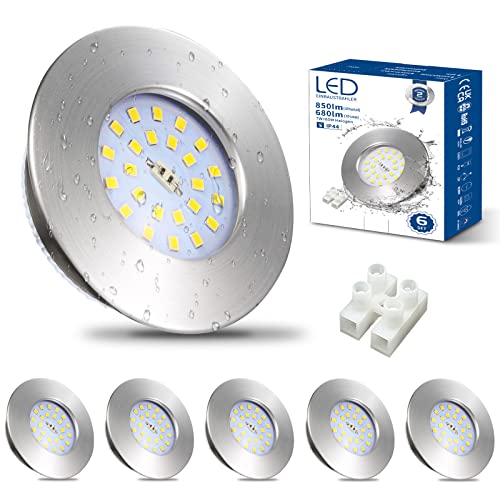 HiBay Spot Led Encastrable Salle de Bain 7W,6x Spot Extra Plat IP44 Étanche,Blanc Froid 6000K,Trou 60-68mm,Plafonnier Encastré Inox Brossé 220V 850lm Pour...