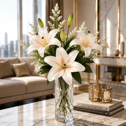Image of Divyakosh Artificial Flowers Bunch (Vase Not Included). Artificial Flower for Vase Flower Bouquet Gift White Lily Arrangement for Living Room, Dining Table Office Decor