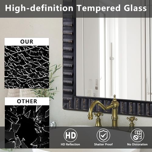 Image of Modern Wooden Black Bathroom Mirror, 37 inchx25 inch Mirror Wall Decor, Rectangular Relief Frame, Tempered Glass, Vintage Farmhouse Style for Living Room /Entryway /Bedroom