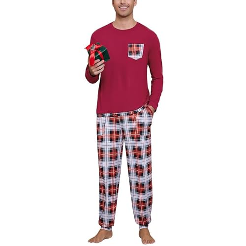 Marvmys Mens Pajama Set Long Sleeve Pajamas Soft Pjs Sleepwear Loungwear Comfy Sleep Sets with Pockets S-3XL X-Large B-red Plaid Print