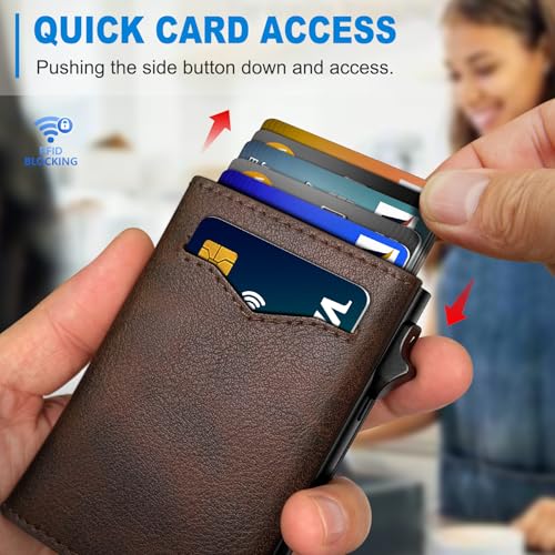 Image of miyozi Wallet for Men,with Cash Pocket 2 ID Window 9-13 Cards,Metal Case Smart Slim Pop Up Credit Card Holder Flip with Magnetic Closure RFID Blocking Trifold wallet with Gift Box