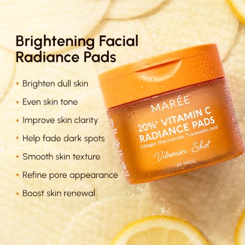 Image of MAREE Vitamin C Toner Pads for Face - Brightening Facial Polishes with 20% Complex: Vitamin C Collagen Niacinamide TXA Body Clarifying Pad- Facial Radiance, Uneven Skin Tone, Acne Clearing Pads