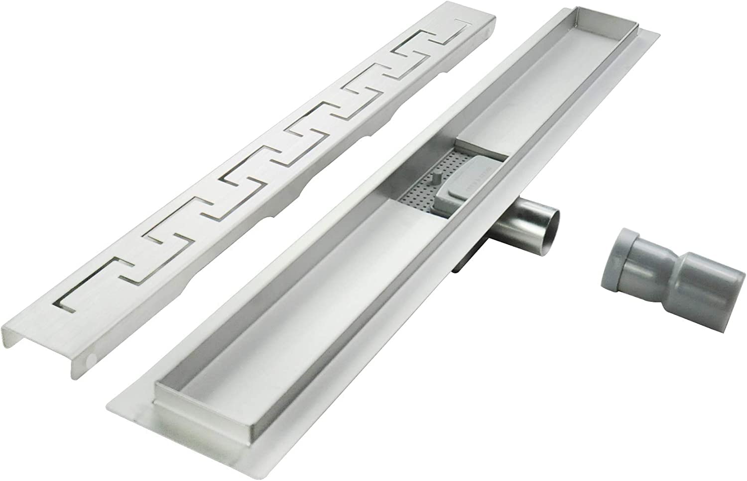 Canaleta de Ducha Rectangular de Acero Inoxidable Ultra Plana Medida 100cm - Modelo R4 Desagüe de Borde Griego plateado