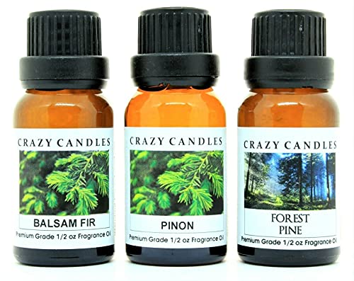Crazy Candles 3 Bottles Set, 1 Pinon, 1 Forest Pine, 1 Balsam Fir 1/2 Fl Oz Each (15ml) Premium Grade Scented Fragrance Oils