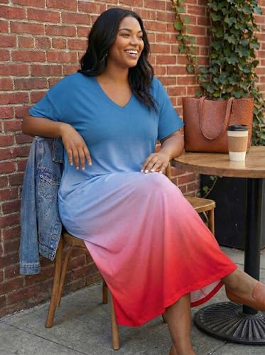 Image of SUZONANA Plus Size Maxi Dresses for Women T Shirts Dress Long Summer Outfits Casual Short Sleeve Oversized with Pockets Ombre Gradient Print Blue Red XL