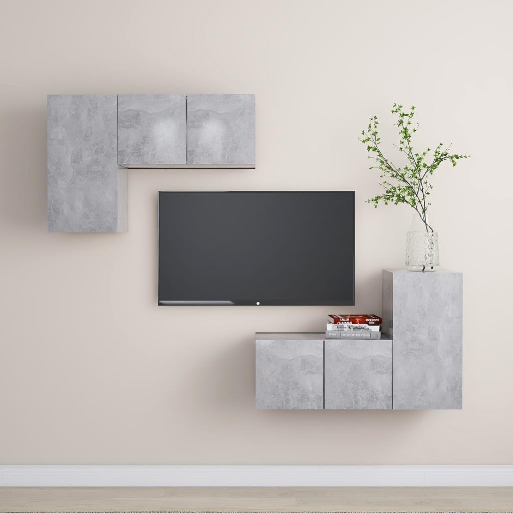 4-TLG. Hängendes TV-Schrank-Set, Betongrau Holzwerkstoff, Modernes Media-Center mit Stauraum, Wandmontage für Wohnzimmer, 30x30x60cm & 60x30x30cm