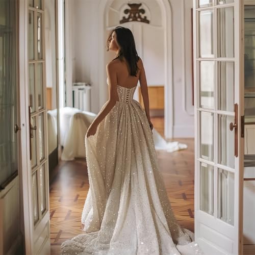 TSxuelian Luxury Beaded Strapless Wedding Dress for Bride Sparkly Bridal Ball Gowns A Line Sequin Wedding Dresses with Split2