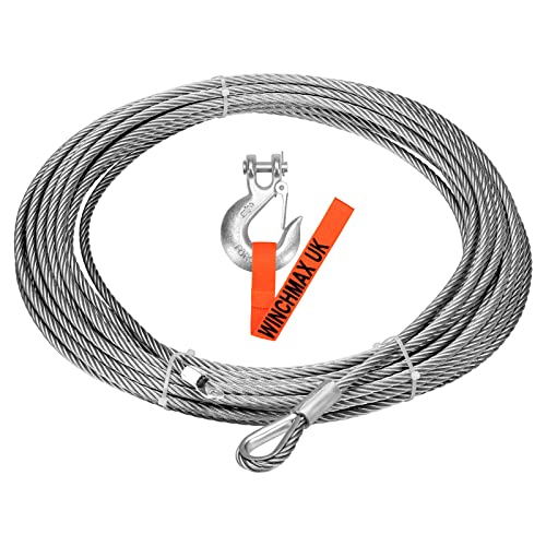 WINCHMAX Galvanised Steel Winch Cable/Wire Rope 26m x 9.5 mm. Minimum Break Load 8,229kg / 18,142lb. Suitable for winches up to 13,500lb. Includes 3/8 Inch G70 Forged Clevis Hook.