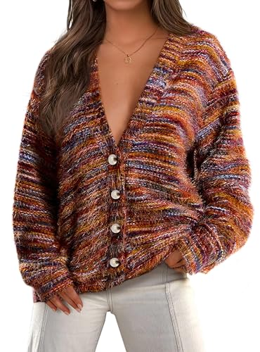 PRETTYGARDEN Womens Cardigan Sweaters Fall Fashion 2025 Striped Long Sleeve Button V Neck Knit Fuzzy Outerwear Winter Clothes