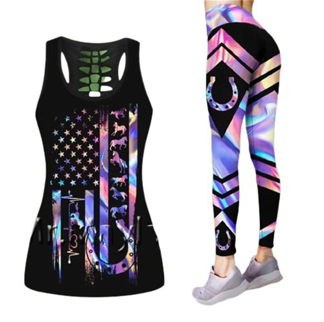 3D gedrucktes Hirsch Liebe Pferd Hohl Tanktop Frauen Sexy Weste Mädchen Tank Tops Yoga Leggings Set, 04, 42