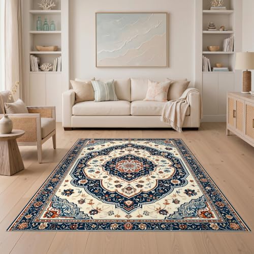 ODIKA 5'x7' Navy Ivory Medallion Boho Design Ultra-Soft Area Rug
