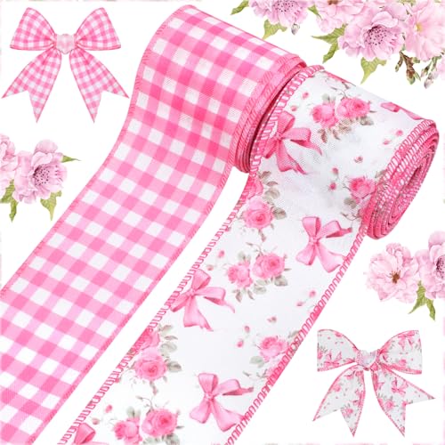 2 Roll 10 Yards Pink Bow Print Coquette Wired Edge Ribbons 2.5inch Pink Girly Burlap Ribbon Vintage Floral Craft Ribbons for Gift Wrapping DIY Craft Wreaths Bow Plaid Ribbon for Home Decor