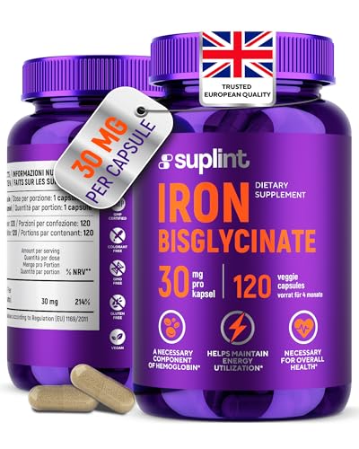 Iron Bisglycinate 30 mg High Dose & Well Tolerated High Absorption Iron Supplement 120 Vegan Capsules EU Lab Tested (1 Pack)