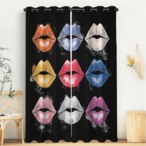 KETAFOUND Cortinas Salon Estilo Gótico 2 Piezas - Cortina Opacas Estampado De Labios con Ojales, Visillos para Dormitorio Cocina Ventanas Comedor Habitacion 135An X 185Al Cm