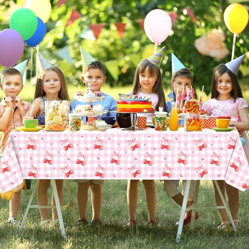 Image of 3PCS Cherry Tablecloth Birthday Party Decoration, Cherry Plastic TableClothes Disposable Waterproof Rectangle Bow Favor Tablecovers for Birthday Baby Shower Bridal Bachelorette Party Decor Supplies