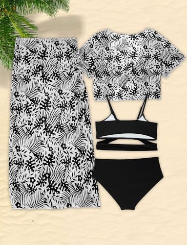 SEAUR Girls 4 Piece Bikini Set Tropical Print Swimsuit Set Summer Beach Hawaiian Swimwear Kids Bathing Suit with Cover Up Set3