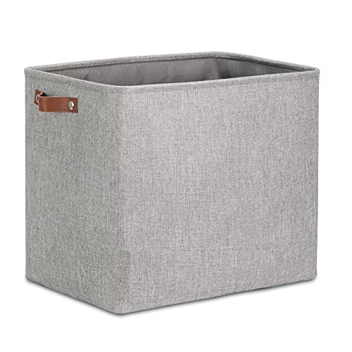 Image of DULLEMELO Large Collapsible Storage Basket /Bin with Sturdy Leather Handles, Fabric Organizer Bin for Storage Clothes, Toys, Books, Office, Bedroom, Closet, Nursery & Laundry (Gray)