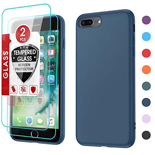 LeYi iPhone 7 Plus/8 Plus Case: 2 Pack Tempered Glass Screen Protectors, Shockproof Full-Body Silicone Case with Soft Microfiber Liner, Blue