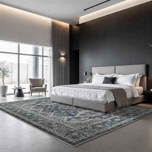 Rugland 3x5 Rug - Stain Resistant Washable Rug, Anti Slip Backing Rugs for Living Room, Vintage Tribal Area Rugs (TPR07-Navy, 3'x5')