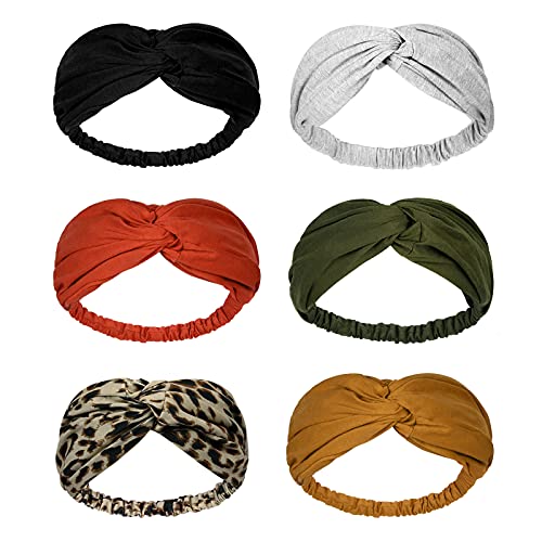 Hatiis 6 Pack Wide Headbands for Women Twist Knotted Stretchy Hair Bands for Girls Criss Cross Turban Plain Headwrap Yoga Workout Vintage Hair Accessories, (6pack-bk-gy-red-ye, One Size)