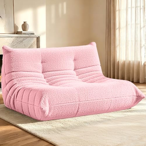 Image of HABUTWAY Bean Bag Chairs Fireside Lazy Floor Sofa,2 Seater,Pink | Soft Teddy Fleece 2 Seater Sofa with High-Resilience Foam Filling,Beanbag for Living Room, Bedroom, Office