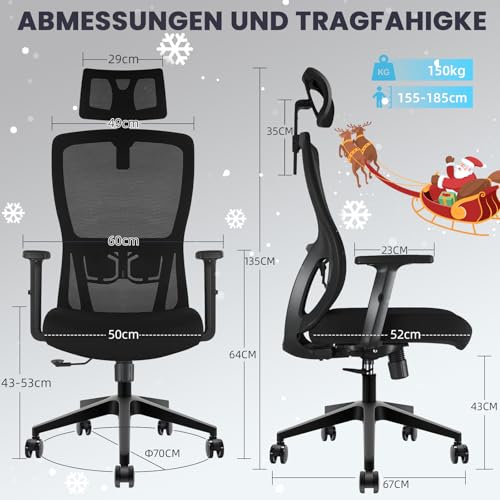 Durrafy Office Chair, Desk Chair with Adjustable Headrest, Lumbar support and Liftable Armrest, High Back Ergonomic Office Chair, Breathable Mesh Backrest for Comfort, Computer Chairs - Image 4