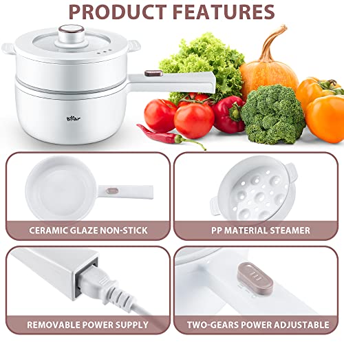 Image of Bear Hot Pot Electric with Steamer, 1.6L Rapid Noodles Cooker, Mini Pot, Non-Stick Frying Pan for Steak, Ramen, Egg, Oatmeal, Soup with Power Adjustable