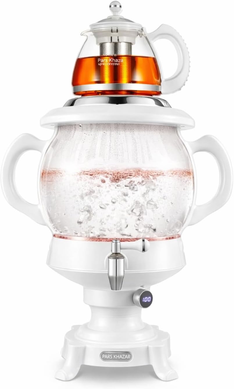 B Unique Pars khazar 4.5L Elegant Glass Electric Samovar | Digital Display Russian Persian Turkish Water Glass Teapot | Large Capacity, Fast Heating, Stylish Design Hot Water Tea Kettle | White