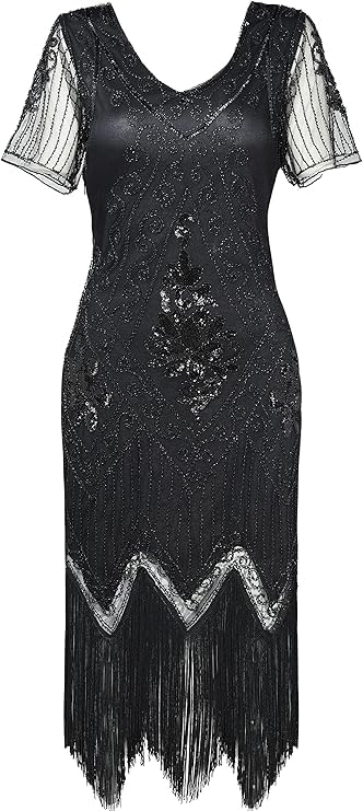 Image of 866A - 1920s Vintage Fringed Gatsby Sequin Beaded Tassels Hem Flapper Party Prom Cocktail Dress with Accessories