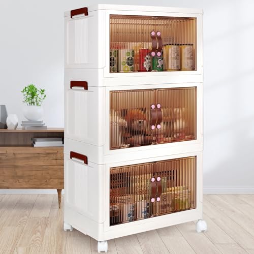 Gzdisbek Storage Bins with Lids, 3 Pack Multifunctional Collapsible Storage Containers with Wheels, 8.4Gal Clear Plastic Clothes Closet Organizer for Home and Office (White)