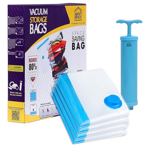 ABOUT SPACE Polyamide Polyethylene Vacuum Compression Bags (4 Pack) with Hand Pump | Small Zip Seal Compression Storage Bags | Heavy-Duty Airtight Reusable Space Saver Luggage Organizer (Blue)