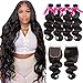 Flady Brazilian Body Wave Human Hair 4 Bundles with Closure 100% Unprocessed Virgin Brazilian Hair 4 Bundles with 4x4 Free Part Closure (16 18 20 22+14)