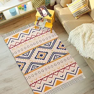 Urban Space Boho Natural Cotton Area Rug/Dhurrie/Floor Carpet, Anti Skid Thick Printed Rugs for Living Room with Tassels- Approx 3x5 ft (CPRUGS_007)