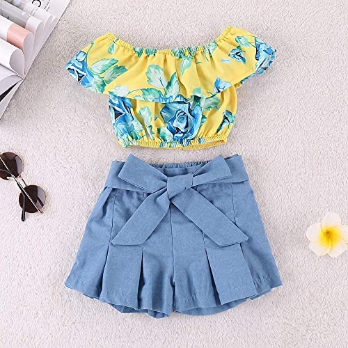 Image of Kids Baby Girls Outfits Floral Ruffle Off Shoulder Crop Tops + Bowknot Denim Shorts Skirt Set Toddler Summer Clothes