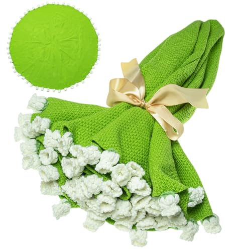 EIGHTOWN 43'' Crochet Flowers Rose Bouquet Blanket Finished - Handmade Knitted Throw Blanket with White Lily of The Valley - Home Décor Ideal Women Gift for Mom - Mother's Day Birthday Valentine's Day