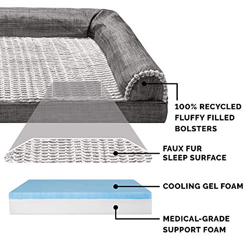 Furhaven Cooling Gel Dog Bed For Large Dogs W/ Removable Bolsters & Washable Cover, For Dogs Up To 95 Lbs - Luxe Faux Fur & Performance Linen Sofa - Charcoal, Jumbo/Xl #TOP3