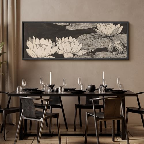 Image of MUDECOR Large Framed Canvas Print Wall Art Vintage Lotus Flower Line Art Botanical Black and Beige Antique Retro Ready to Hang Painting for Living Room Bedroom Multi-Sizes - 60 inchx20 inch